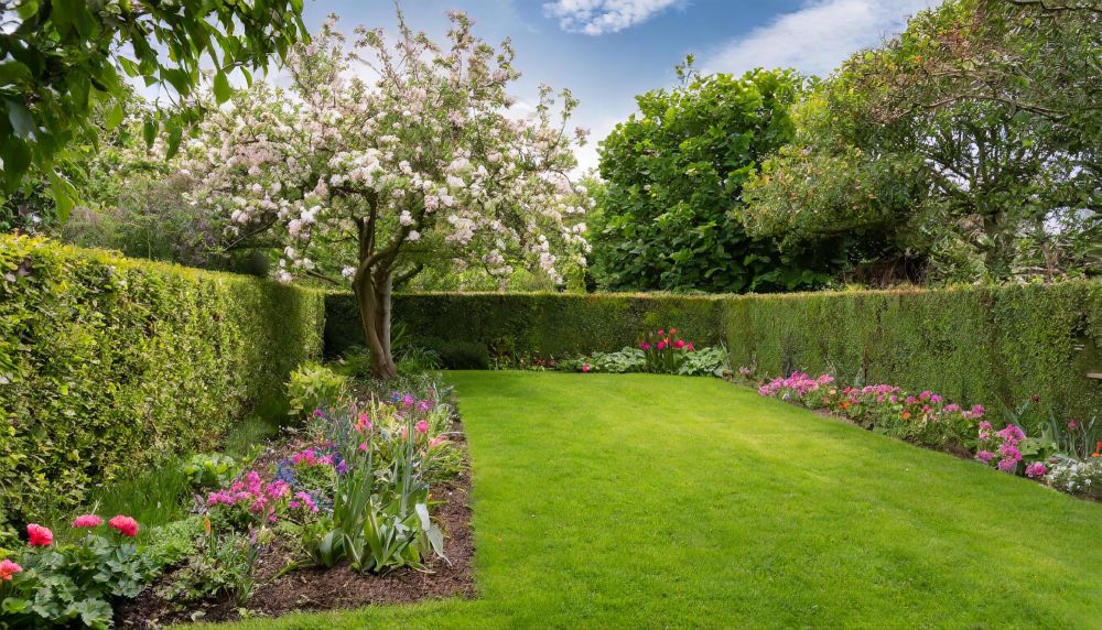 En have med hæk, blomsterbede og frugttræ