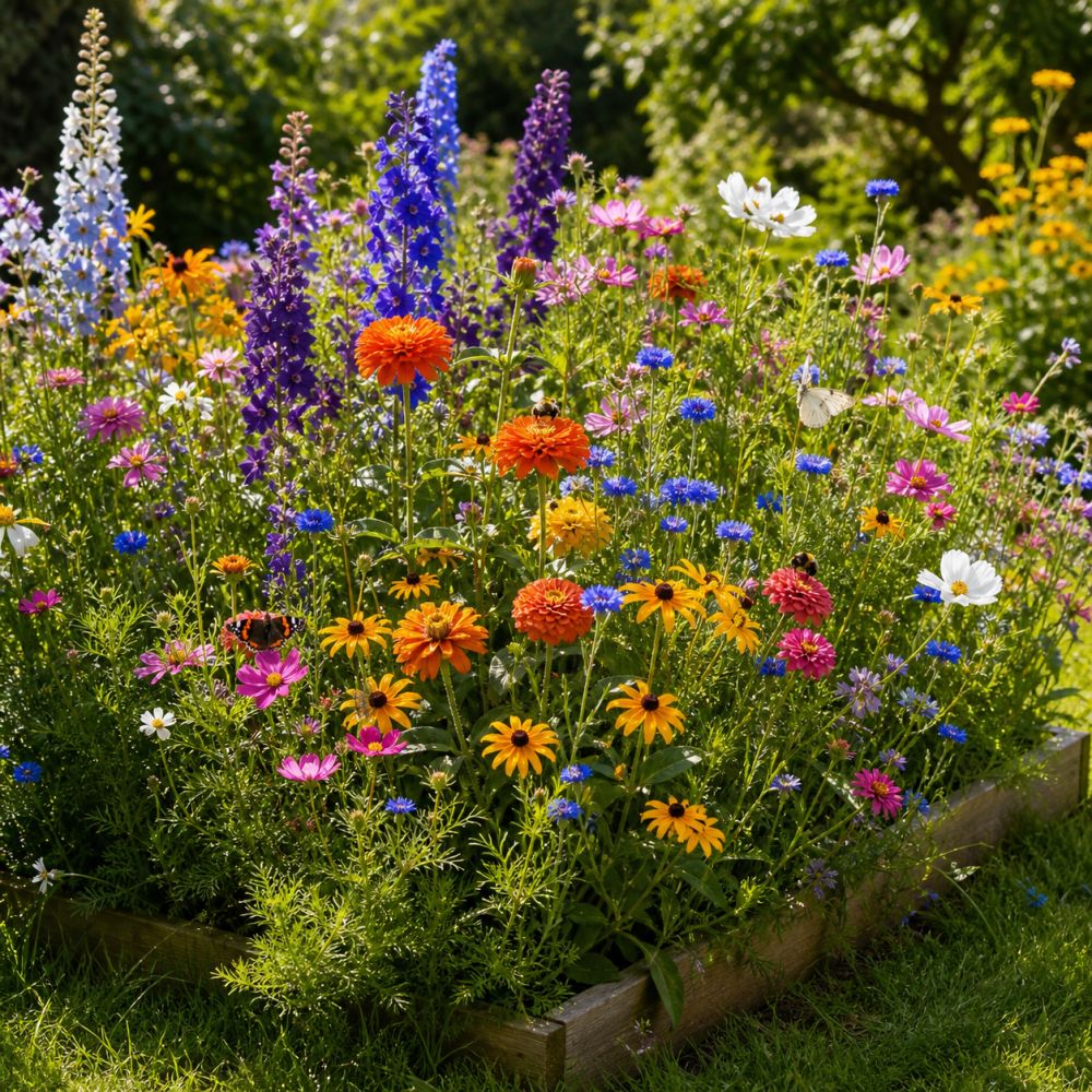 Et bed med smukke blomster fra frøformering 