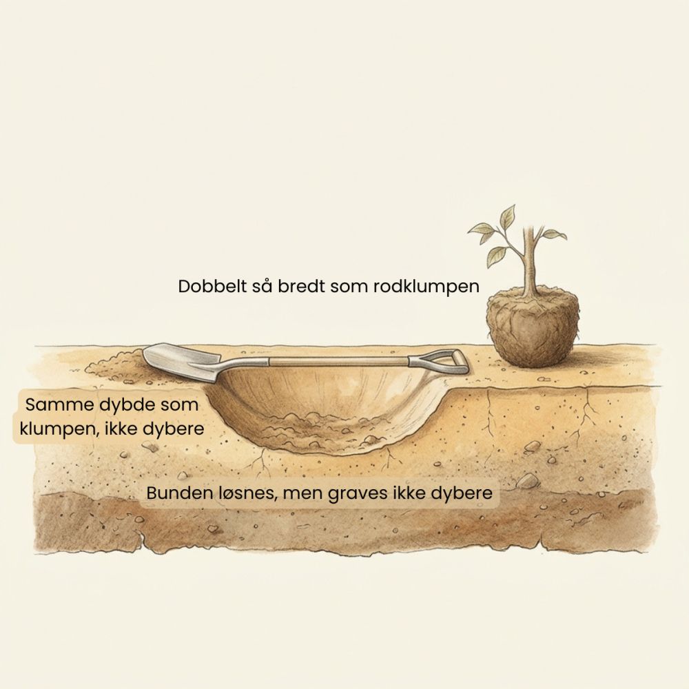 Plantehullet graves cirka dobbelt så bredt som rodklumpen og ikke dybere end klumpens højde