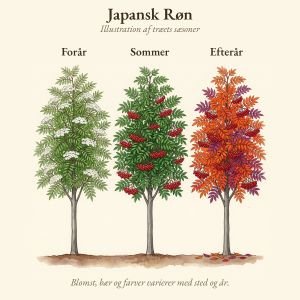 Japansk Røn gennem året, illustration af træet forår, sommer og efterår