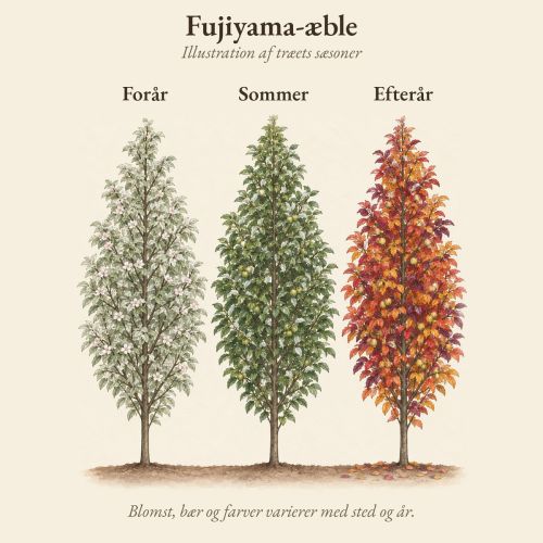 Fujiyama-æble gennem året, illustration af træet forår, sommer og efterår