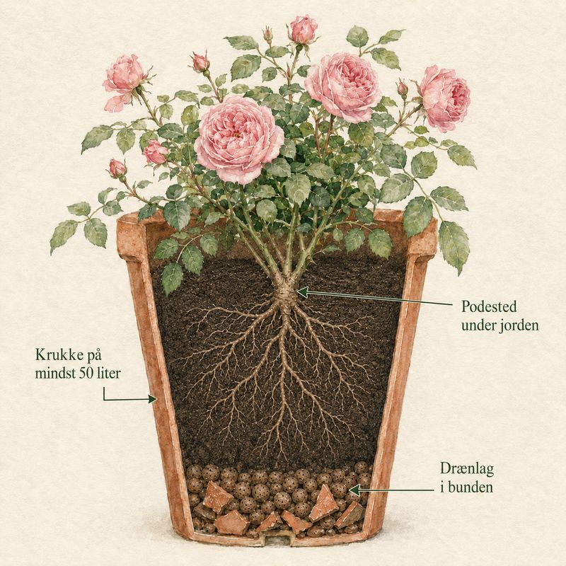 Gennemskåret krukke med rose, drænlag i bunden og podestedet under jorden